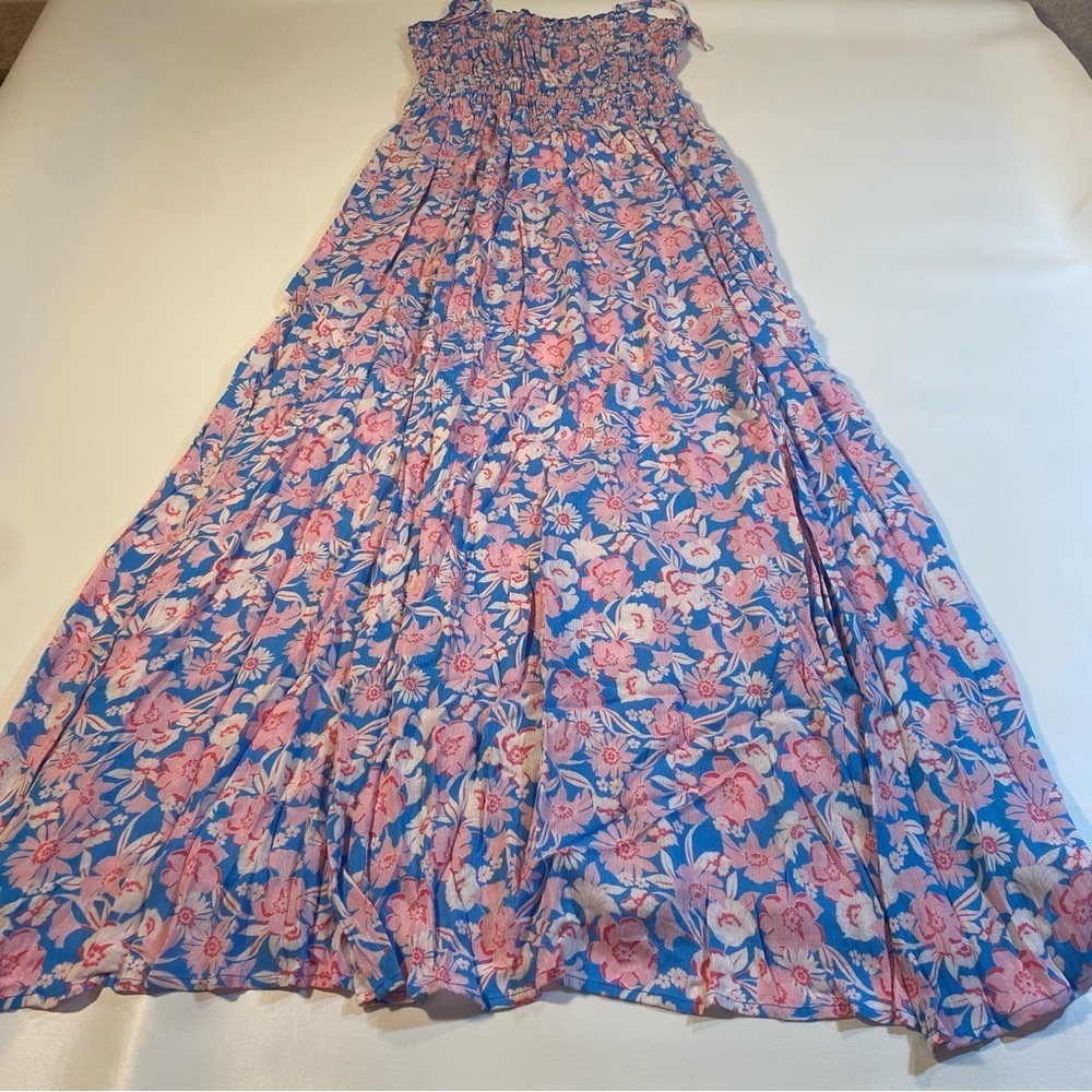 NWT Promesa Size S Blue and Pink Smock Top Floral Slit Front Maxi Dress